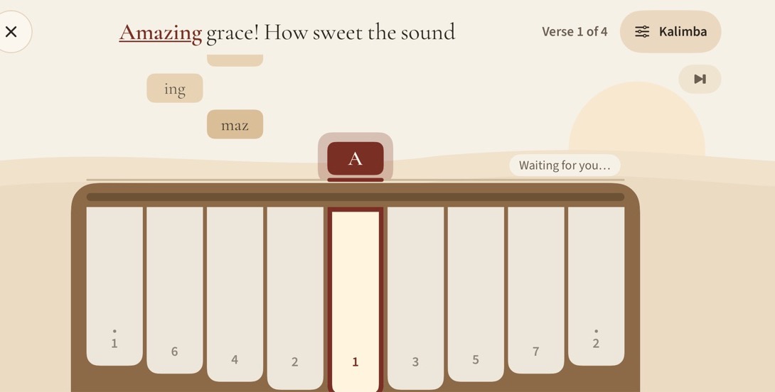 Playing Amazing Grace: the kalimba's tines along the bottom, the next note glowing, the words above